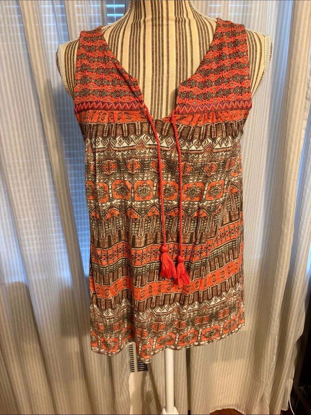 Boho Orange Printed Tassel Tank Top